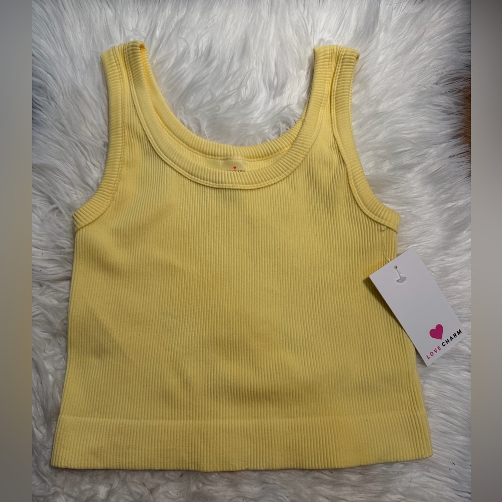 NWT Yellow Ribbed Tank Top Love Charm S/M Stretchy Basic Summer Top